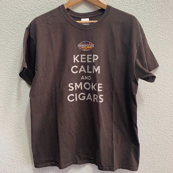 VTG Smoking Cave Cigar Lounge Keep Calm Smoke Cigars T-Shirt Brown Color Large - Picture 1 of 3